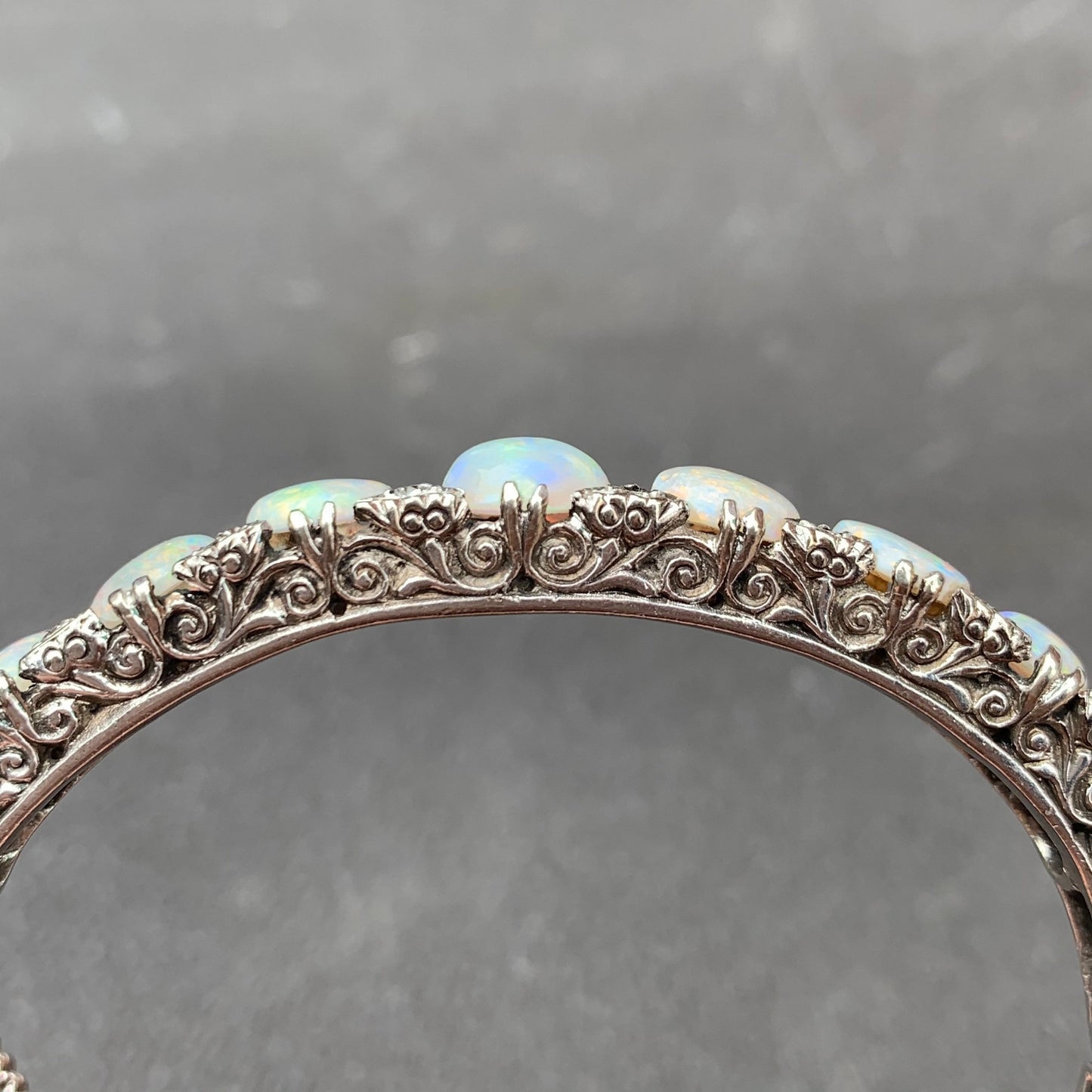 Antique Palladium White Gold Natural Opal Cabochon and Diamond Bracelet Bangle