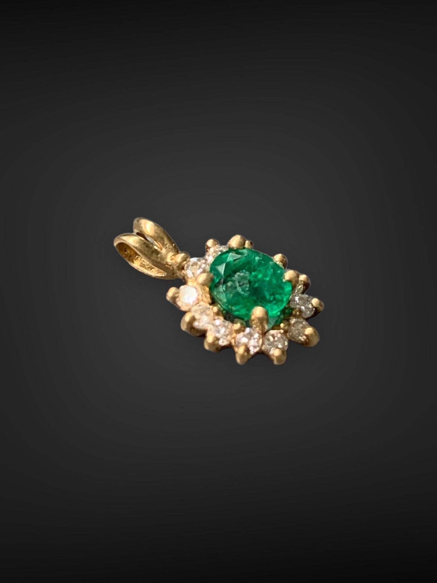 14K Gold Emerald and Diamond Halo Pendant