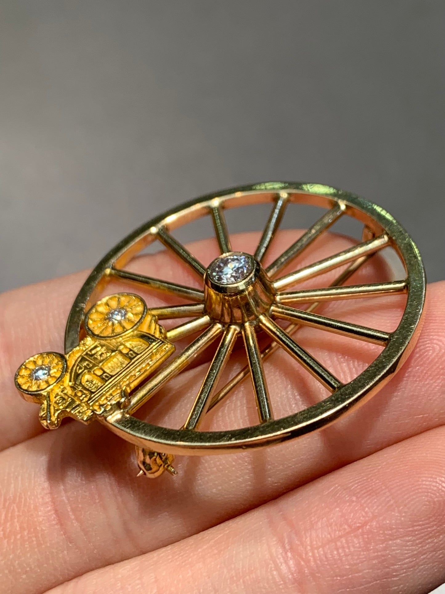 Vintage 14K Gold Tiffany & Co Stage-Wheel Coach Diamond Brooch