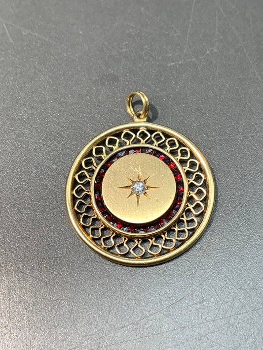 Victorian 14K Gold Starburst Diamond and Calibre Cut Garnet Pendant