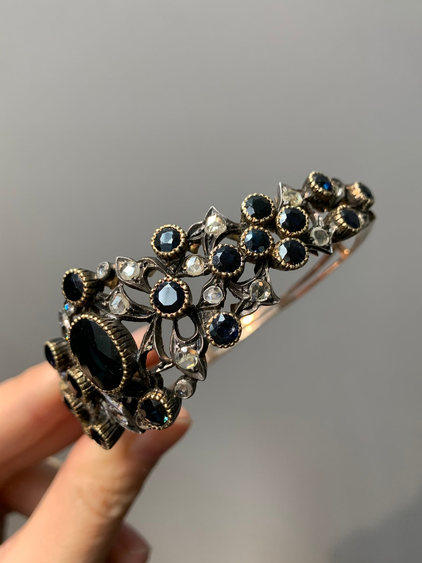 Georgian Style 14K Topped 925 Silver Diamond and Sapphire Bangle