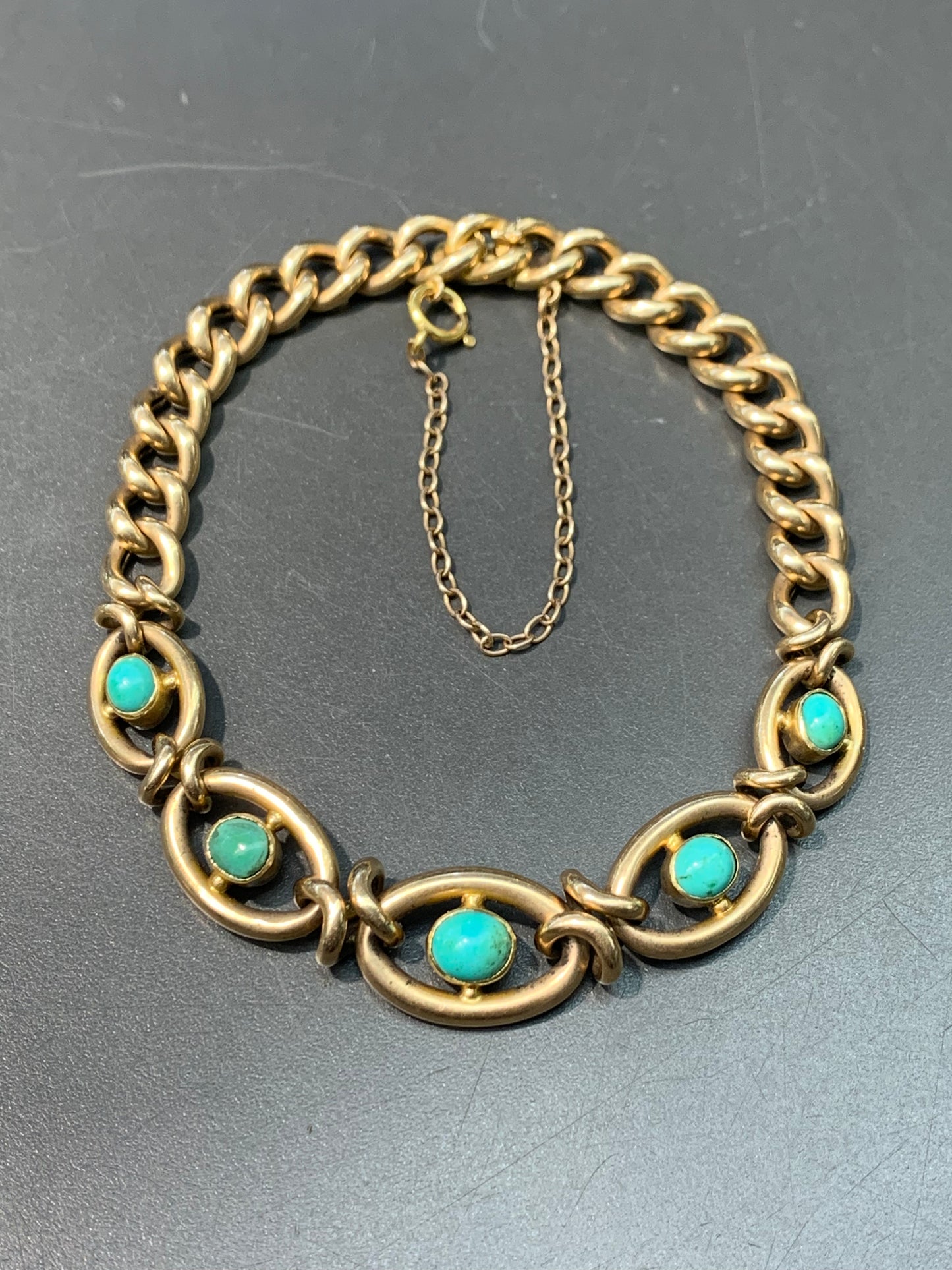 Victorian 15K Gold Natural Turquoise Curb Link Bracelet