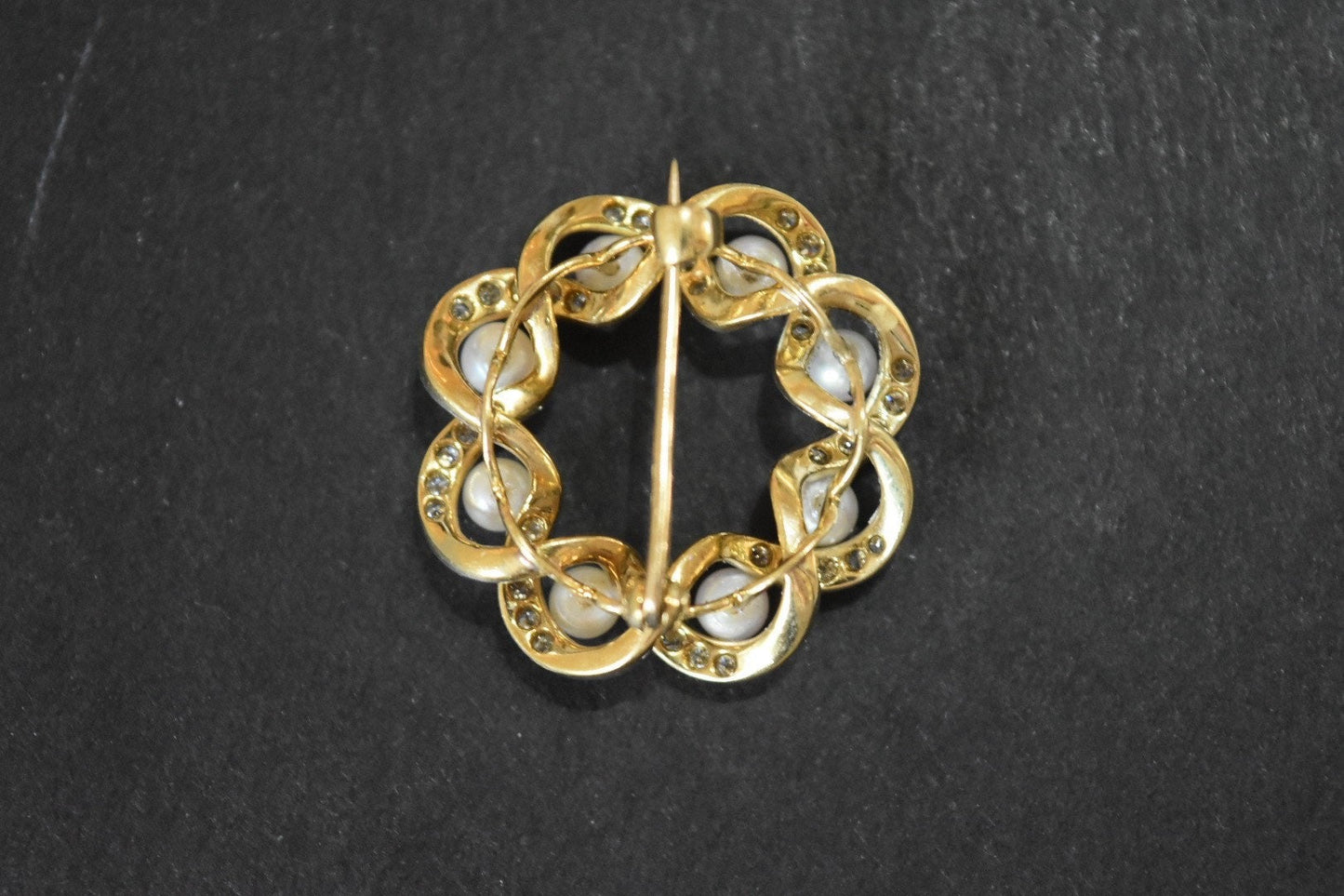 Vintage Platinum and 18K Gold Diamond and Pearl Circle Twisted Brooch