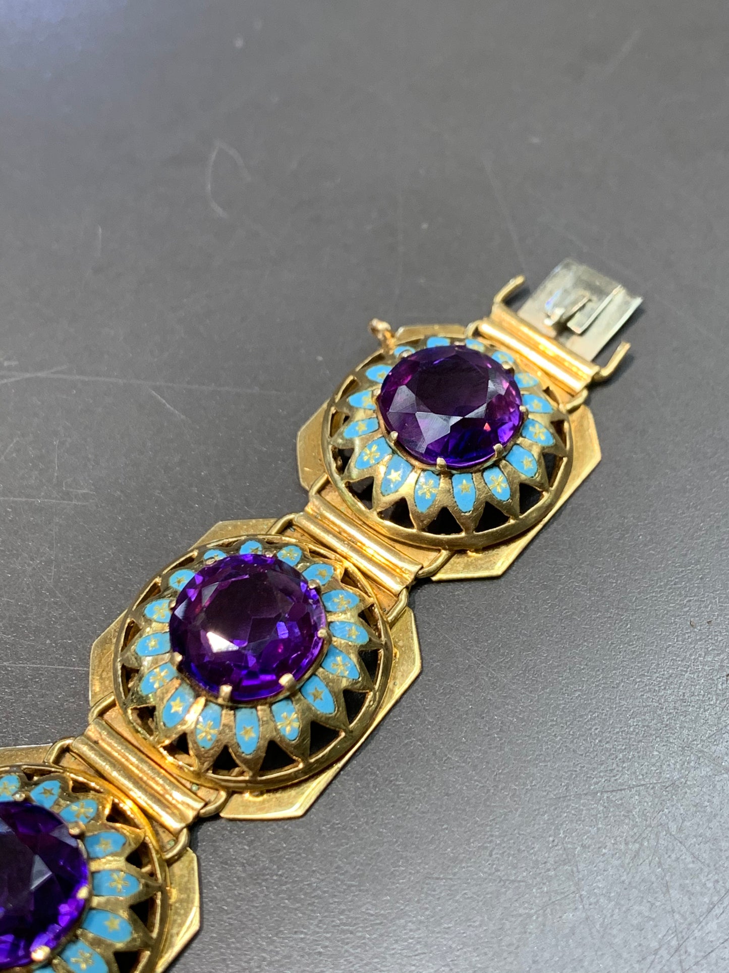 Victorian 18K Gold Enamel Amethyst Hexagon Link Bracelet