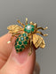 Vintage 14K Gold Emerald Diamond Bee Pendant Brooch