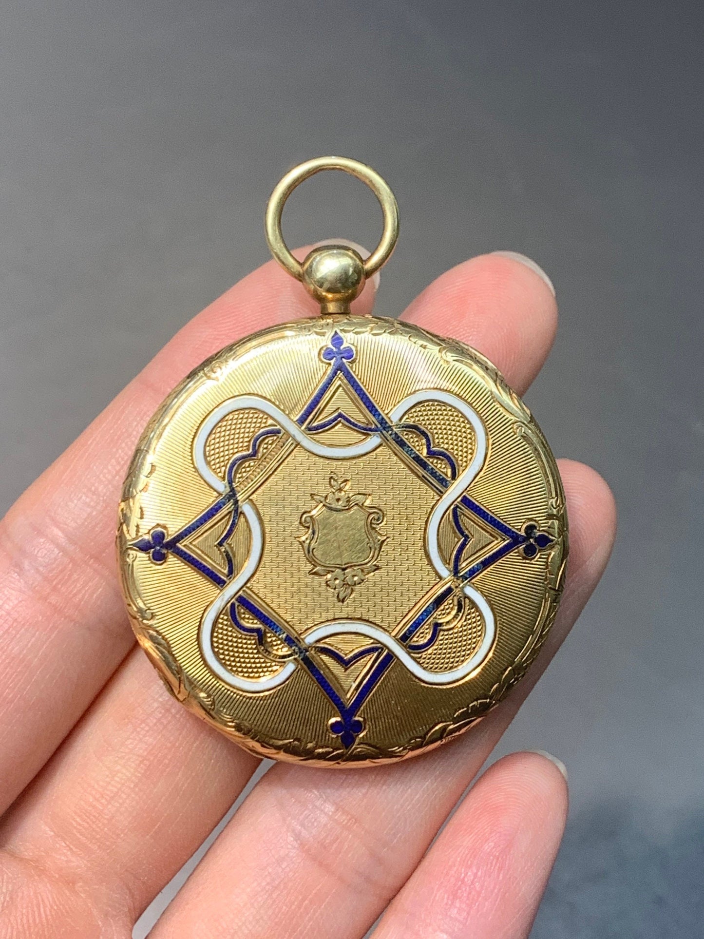 Victorian 14K Gold Blue and White Enamel Locket