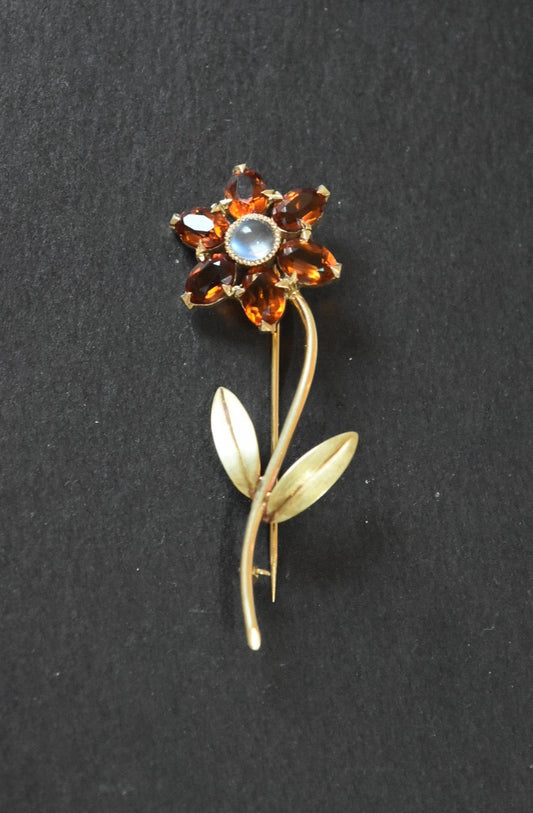 Vintage 14K Gold Citrine and Moonstone Daisy Flower Brooch