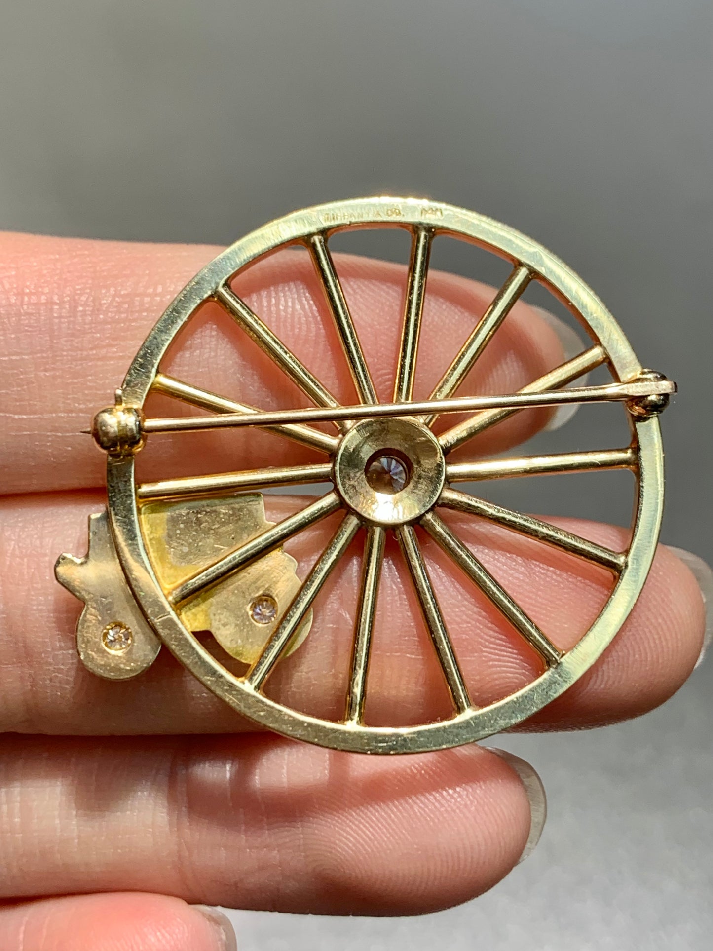 Vintage 14K Gold Tiffany & Co Stage-Wheel Coach Diamond Brooch