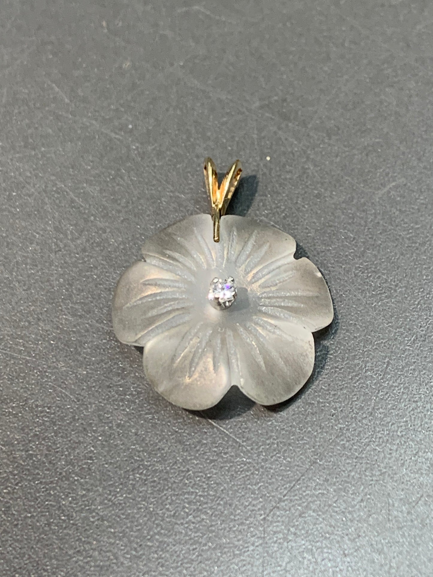 14K Gold Diamond Rock Crystal Flower Pendant