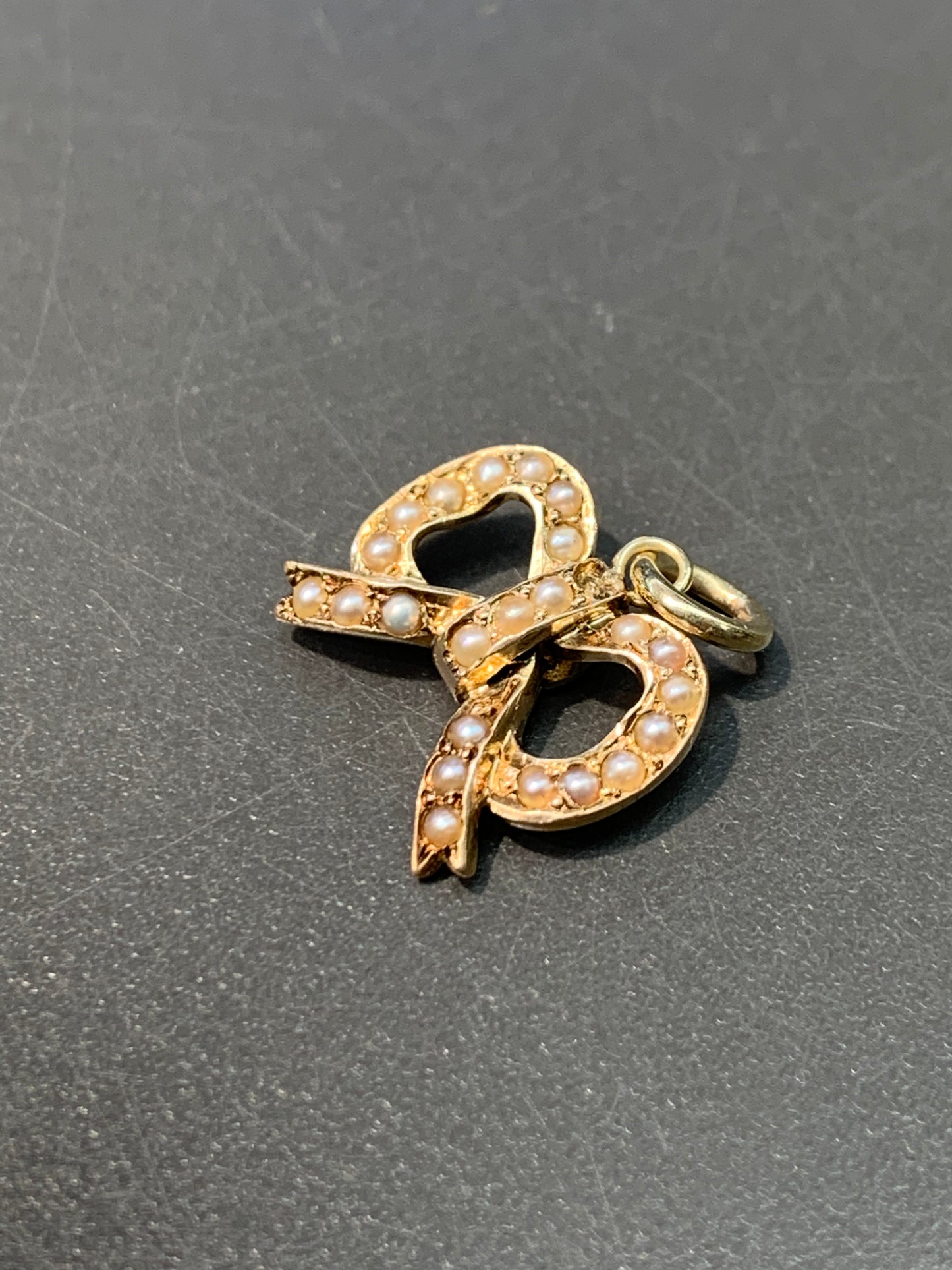 Victorian 14K Gold Seed Pearl Ribbon Bow Charm