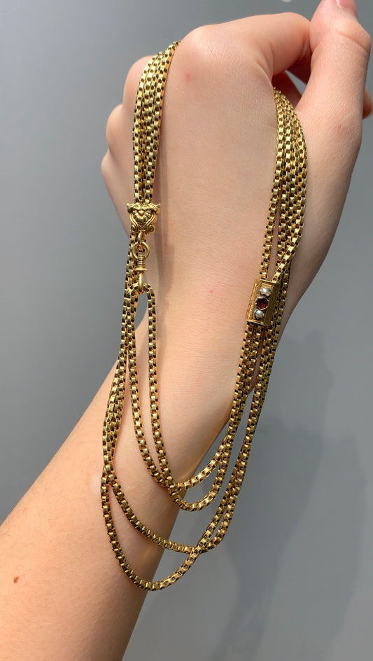 Victorian 18K Gold Box Chain Longuard Slide Watch Chain Necklace