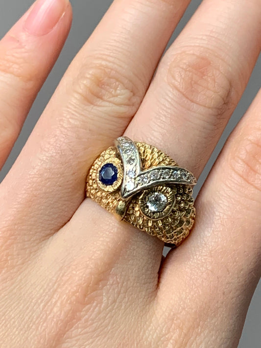 Vintage 14K Gold Diamond Sapphire Owl Ring