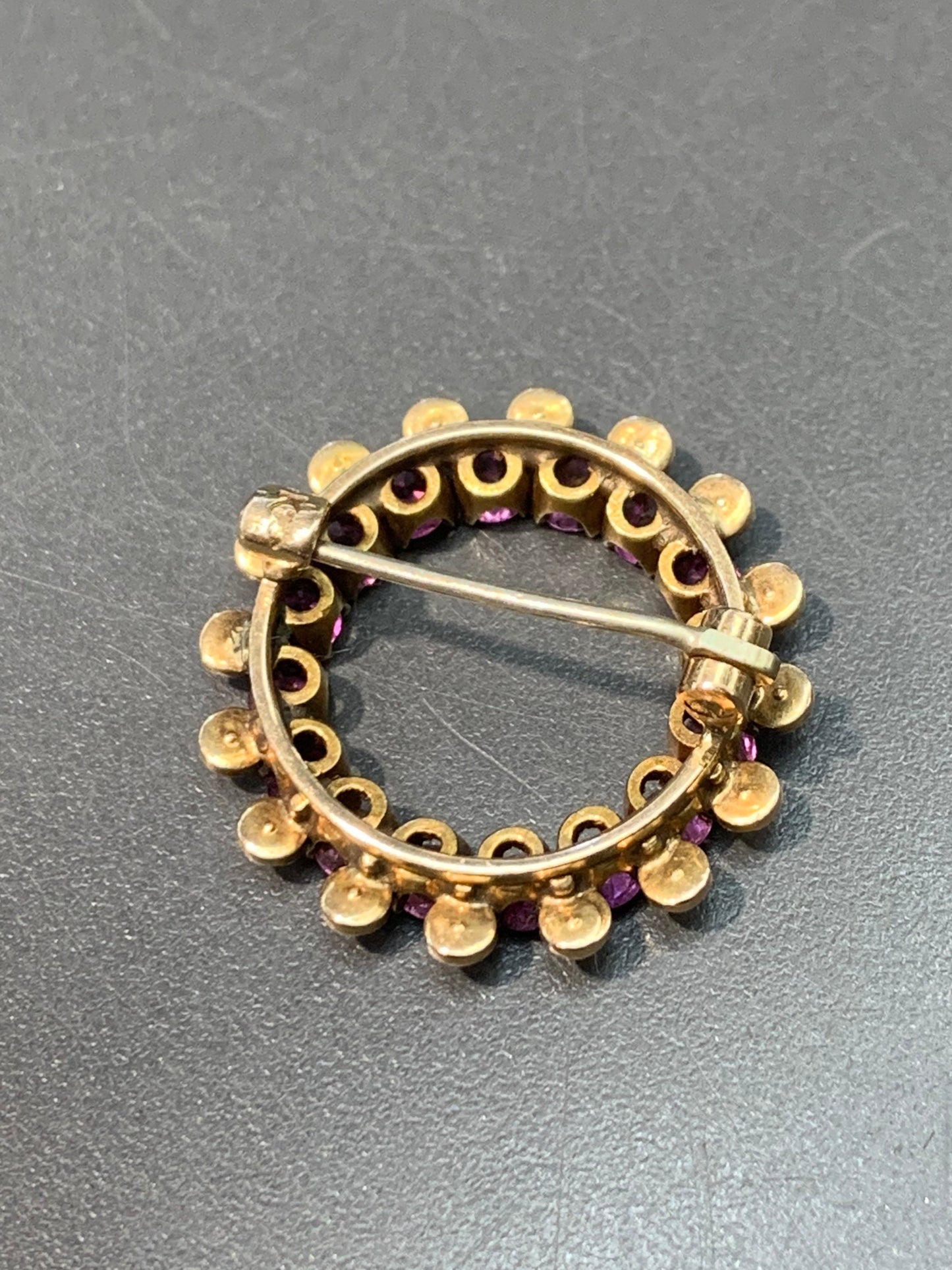 Victorian 14K Gold Open Circle Ruby and Pearl Brooch