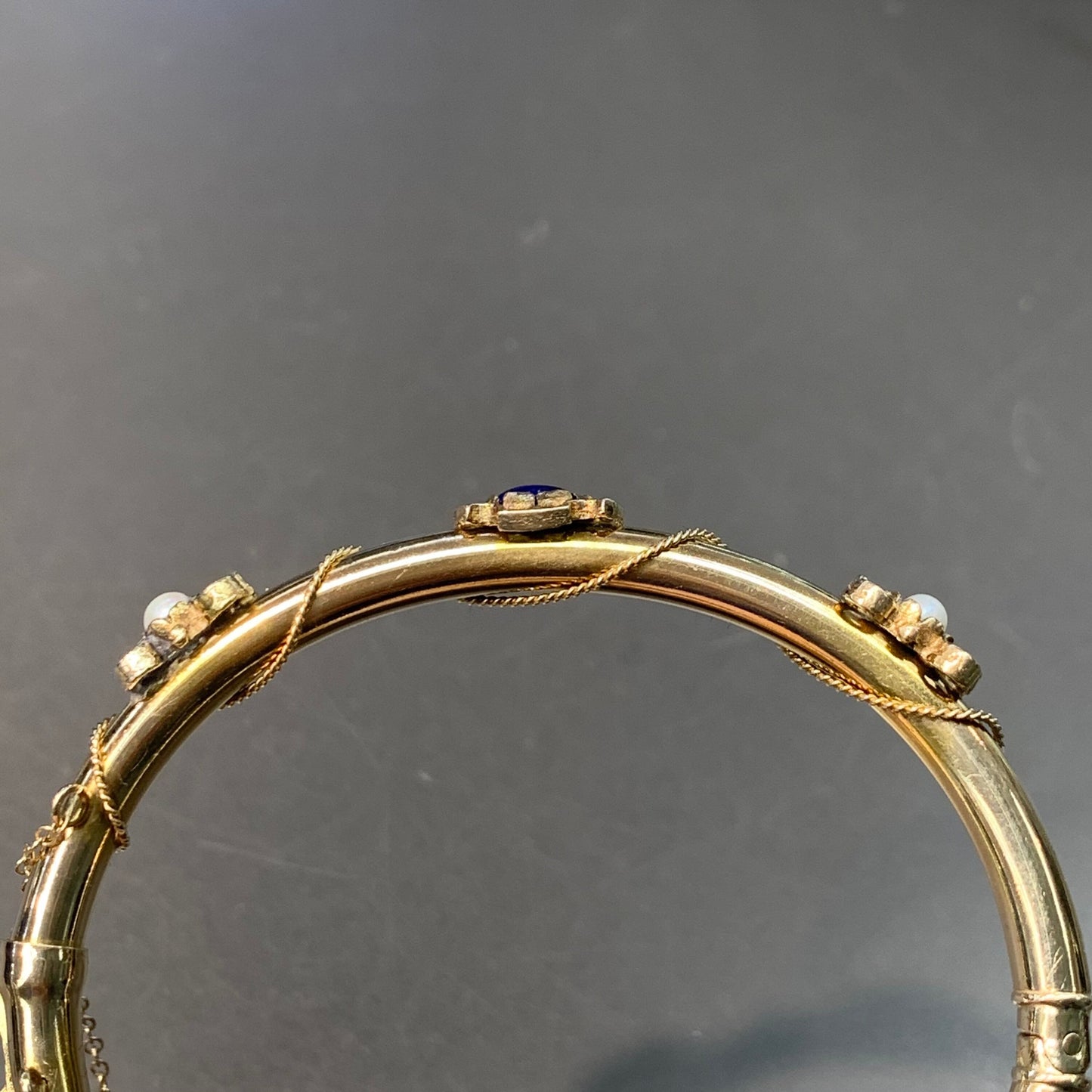 Victorian 14K Gold Lapis Lazuli and Pearl Bangle Bracelet