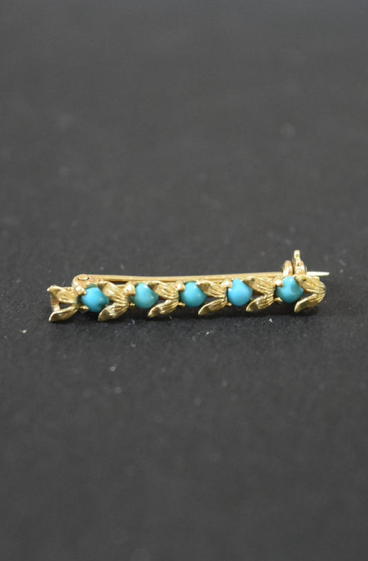 Victorian 18K Gold Turquoise Leaf Scroll Bar Brooch