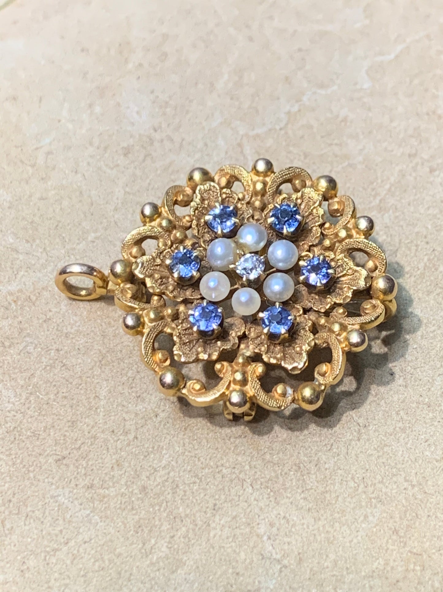 Art Nouveau 14K Gold Krementz & Company Sapphire Pearl and Diamond Flower Brooch 1st Term Payment