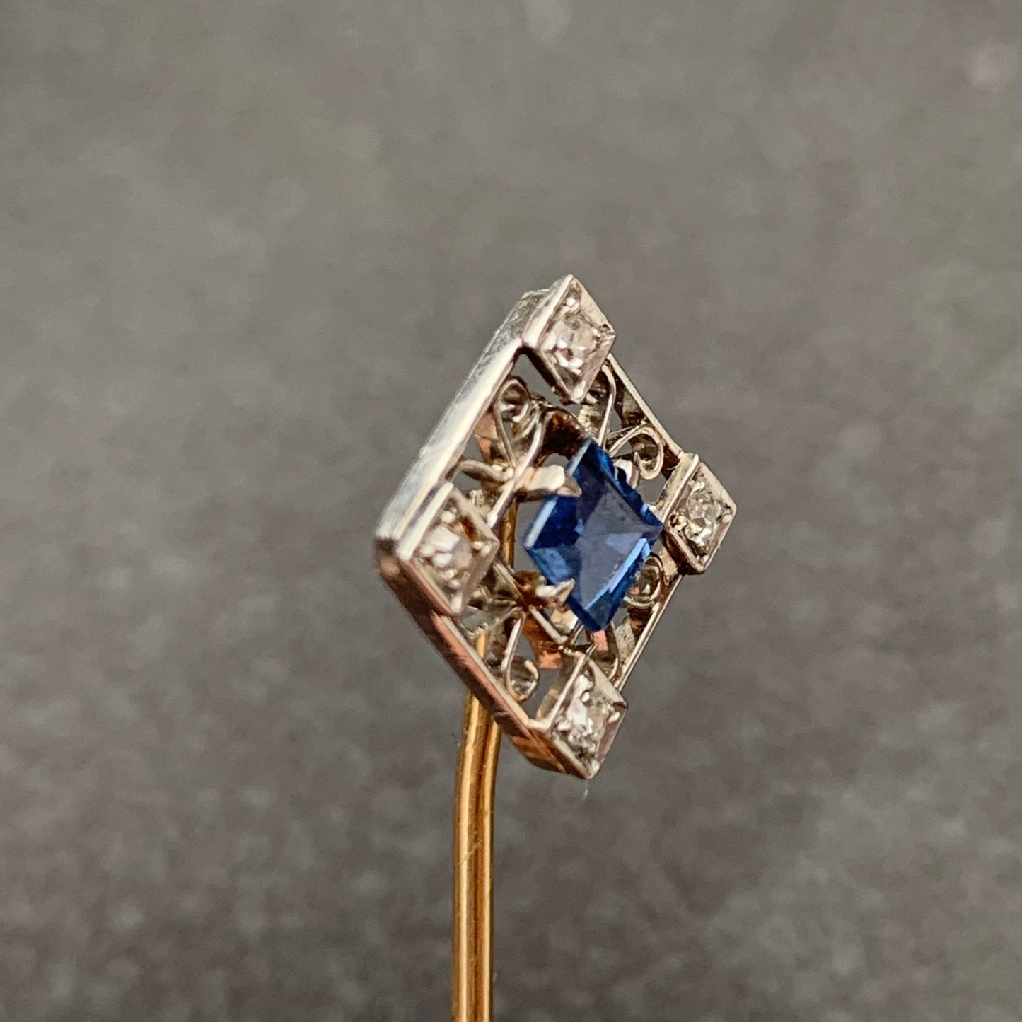 Art Deco Platinum Sapphire Diamond Square Stick Pin