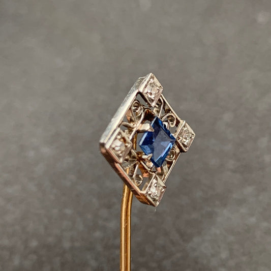 Art Deco Platinum Sapphire Diamond Square Stick Pin