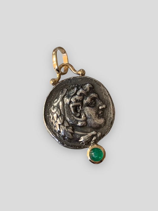 Antique 18K Roman Coin and Emerald Pendant