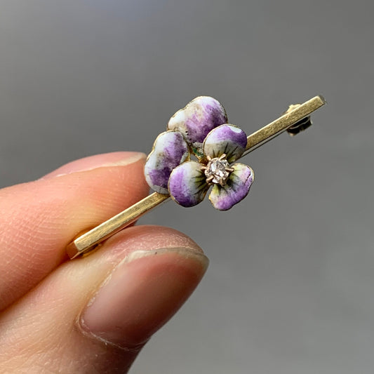 Art Nouveau 18K Or Violet Pansy Fleur Diamant Bar Broche