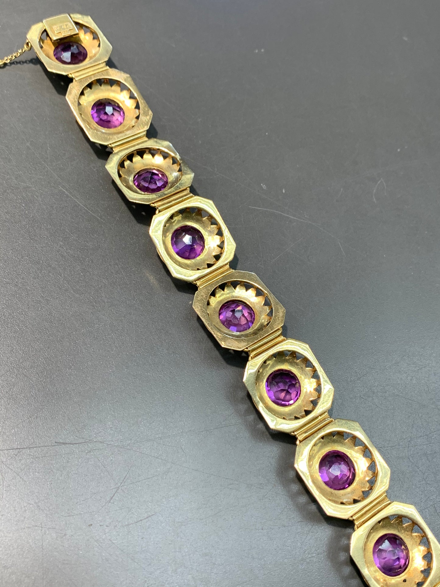 Victorian 18K Gold Enamel Amethyst Hexagon Link Bracelet