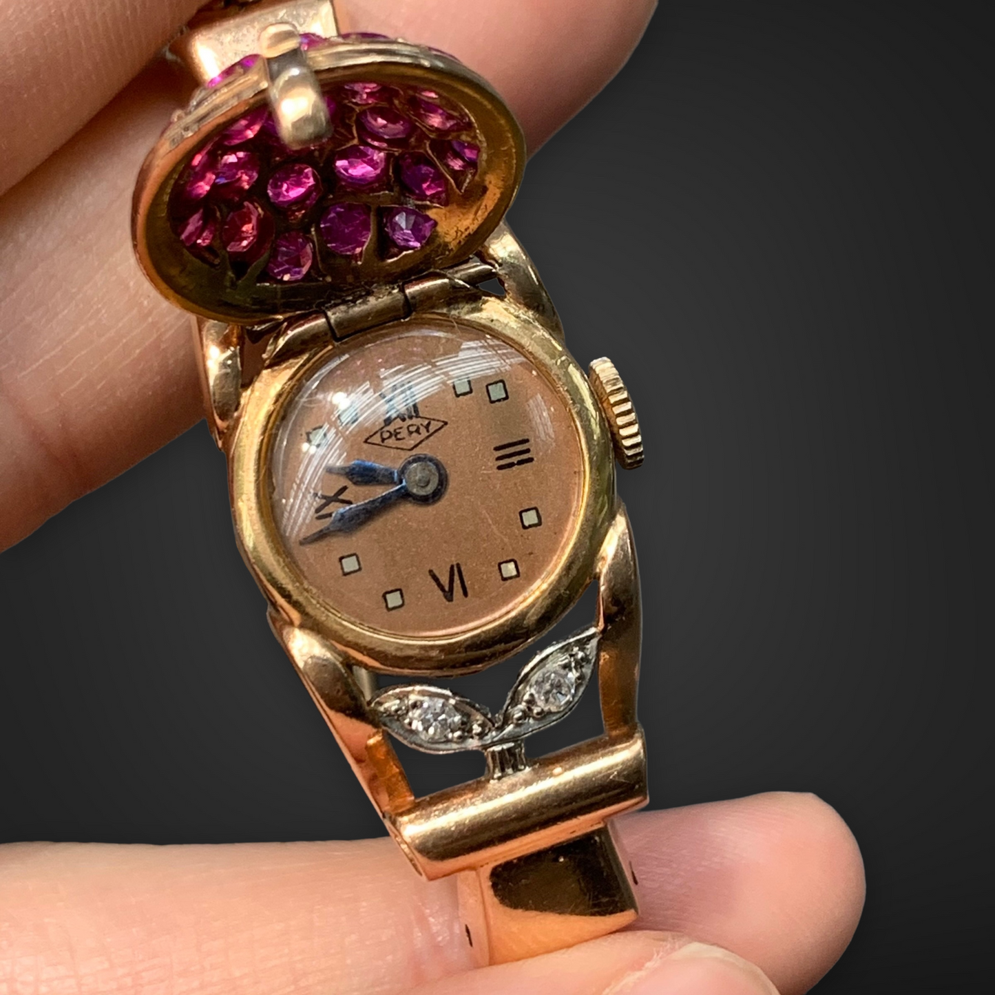 Retro 14K Gold Diamond and Ruby Snake Chain Wrist Watch