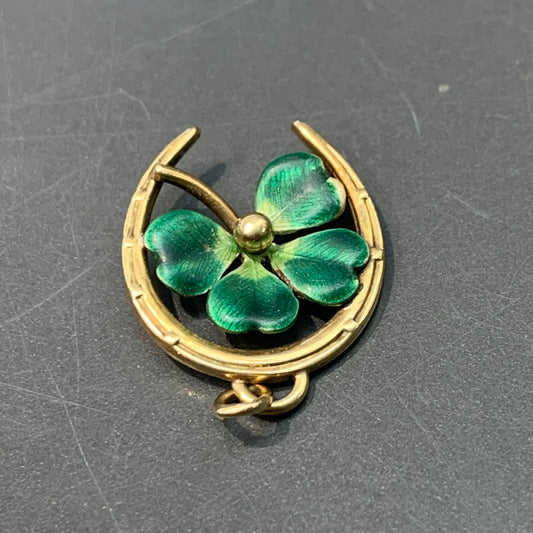 Vintage 14K Yellow Gold Enamel Four Leaf Clover Horse Shoe Charm