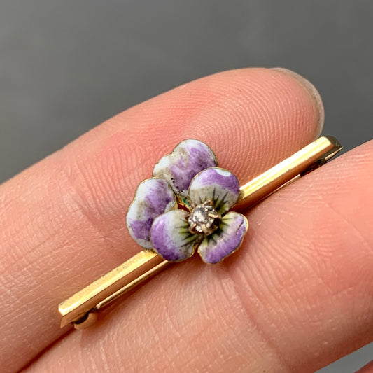 Art Nouveau 18K Or Violet Pansy Fleur Diamant Bar Broche