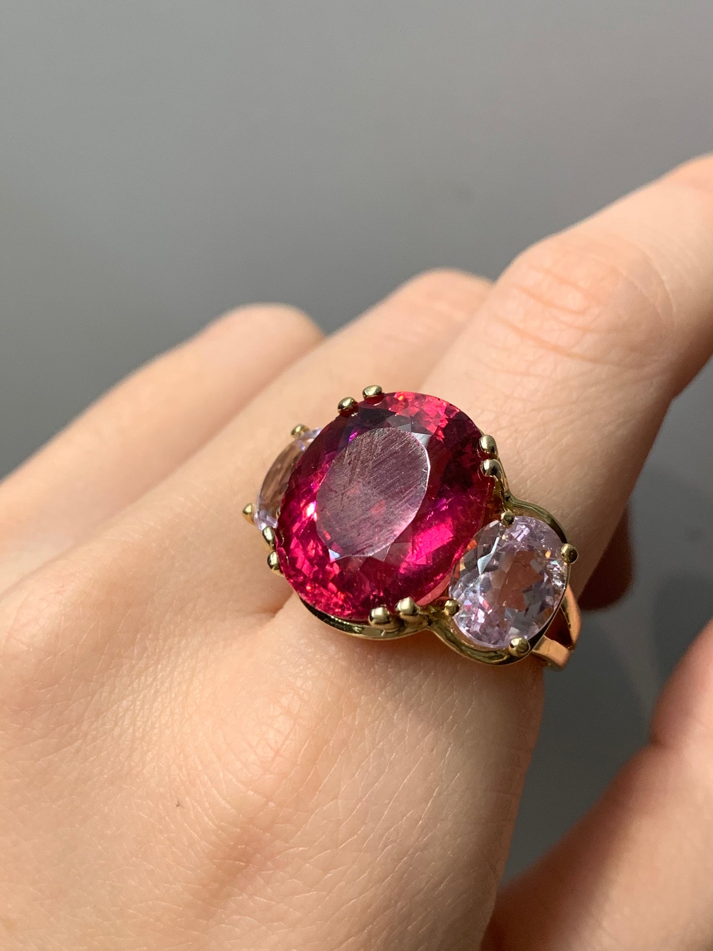 14K Gold Pink Tourmaline and Kunzite Three Stone Ring