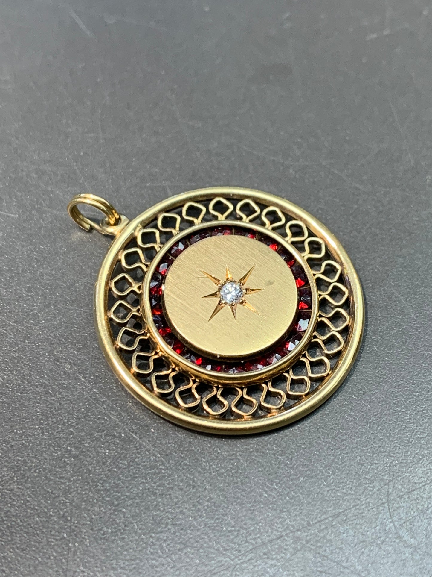 Victorian 14K Gold Starburst Diamond and Calibre Cut Garnet Pendant