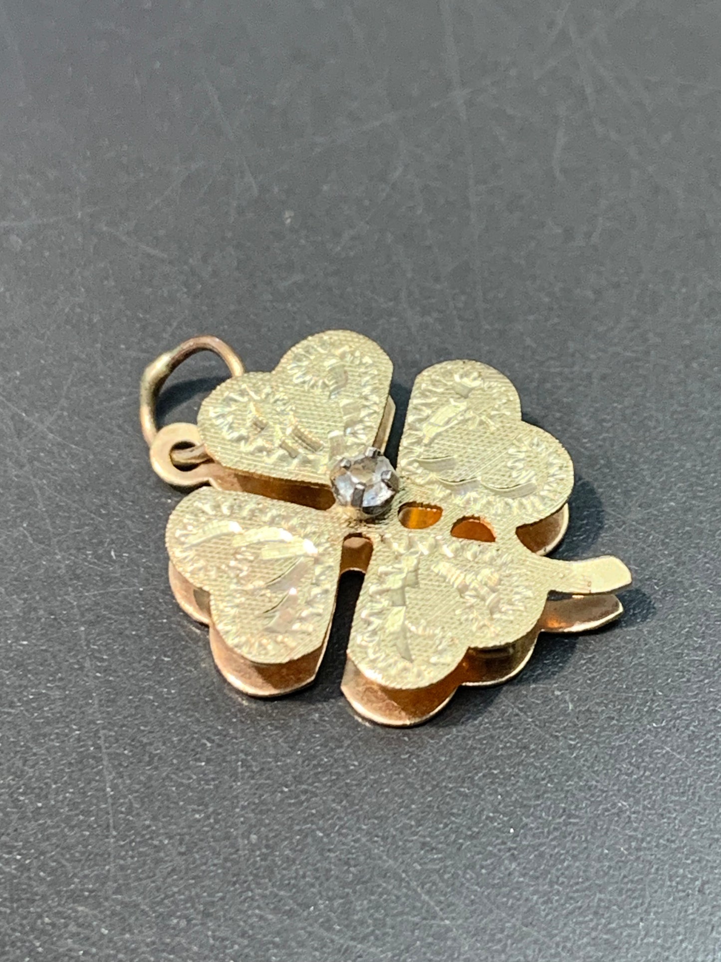 Vintage 14K Yellow Gold Paste Double Four Leaf Clover Charm