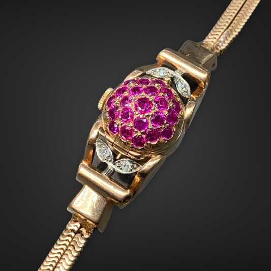 Retro 14K Gold Diamond and Ruby Snake Chain Wrist Watch