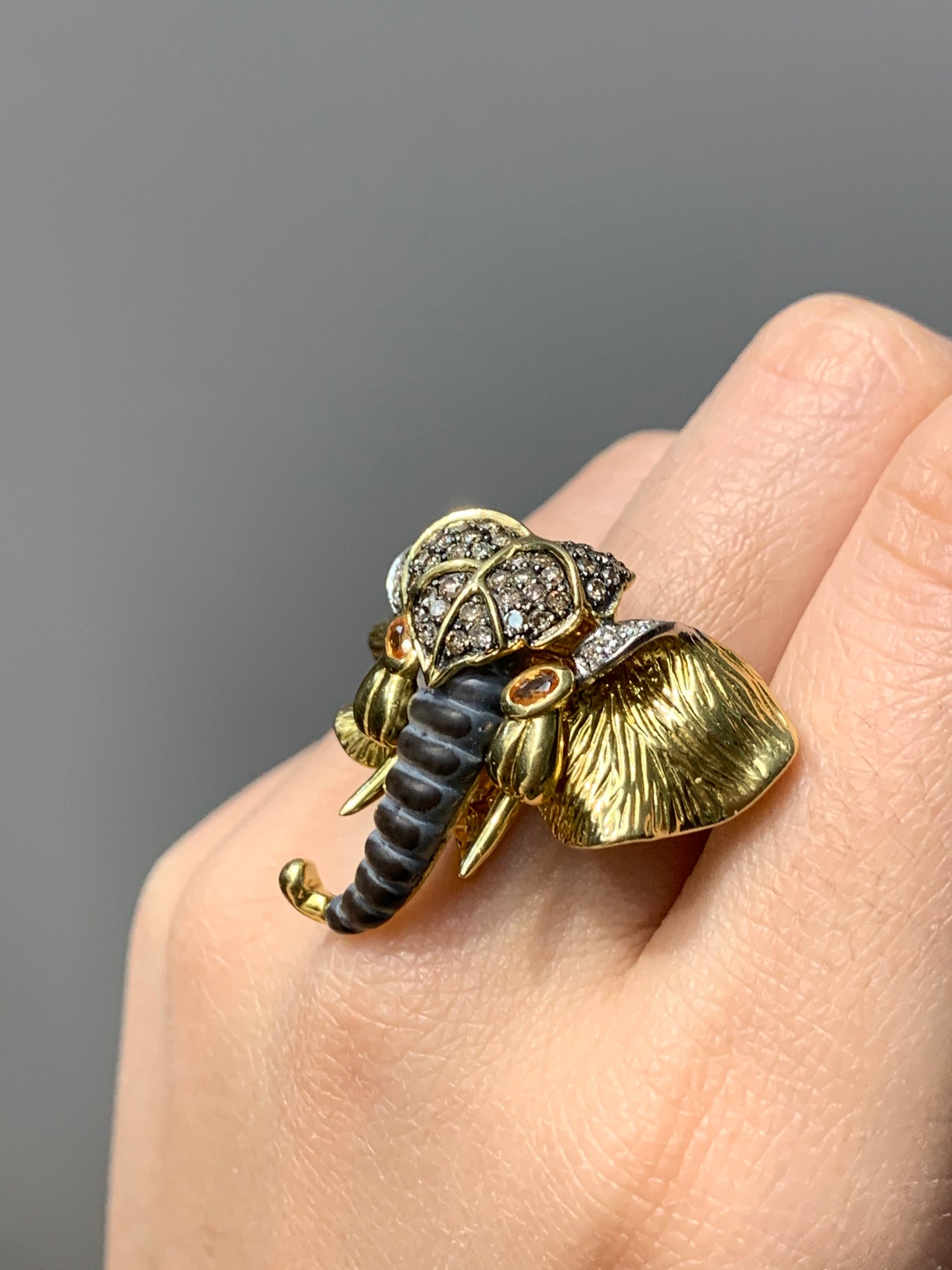 Vintage Champagne Diamond Mother of Pearl and Citrine Elephant Ring