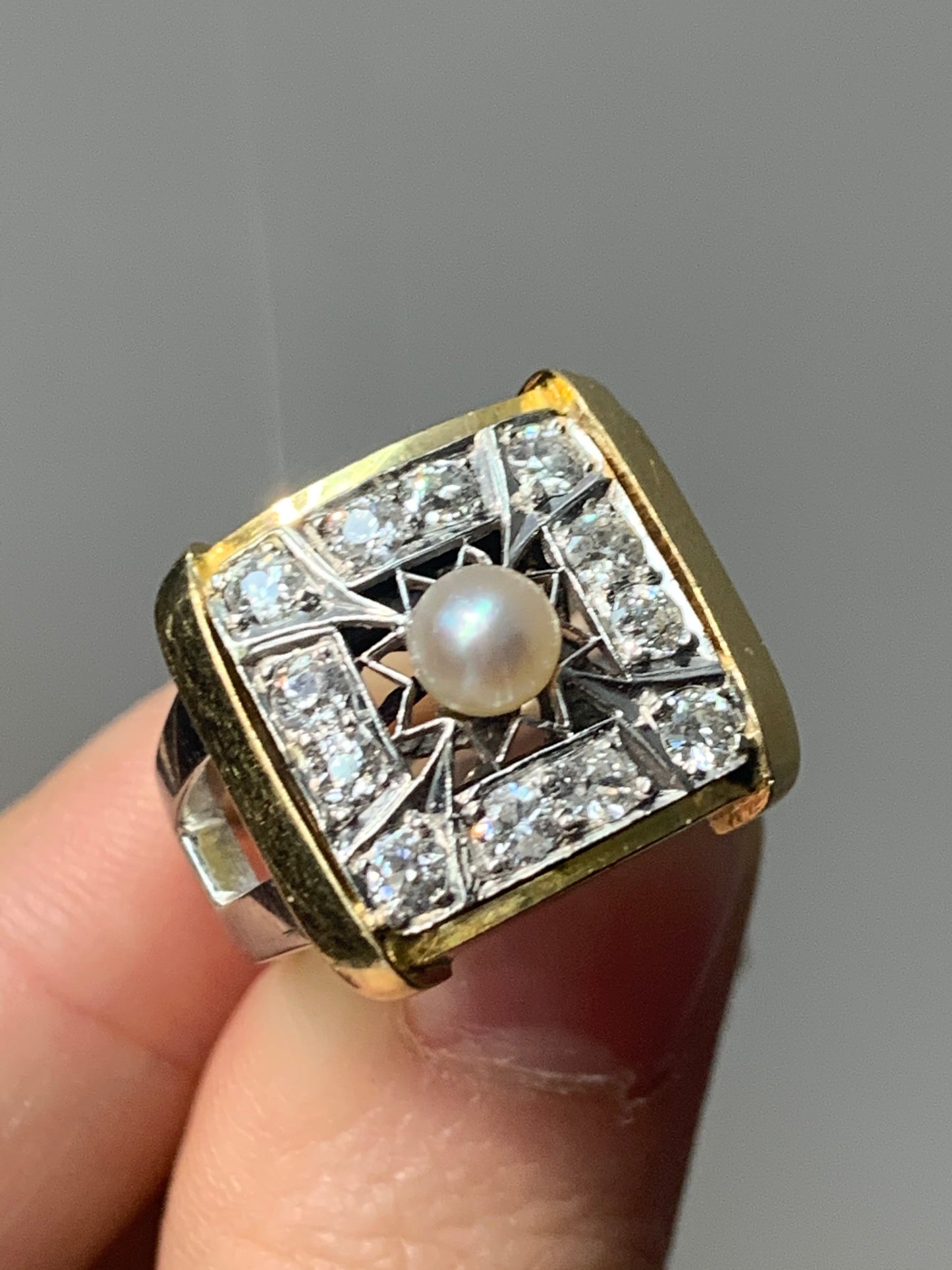 Vintage Platinum 18K Gold Square Saltwater Pearl and Diamond Ring