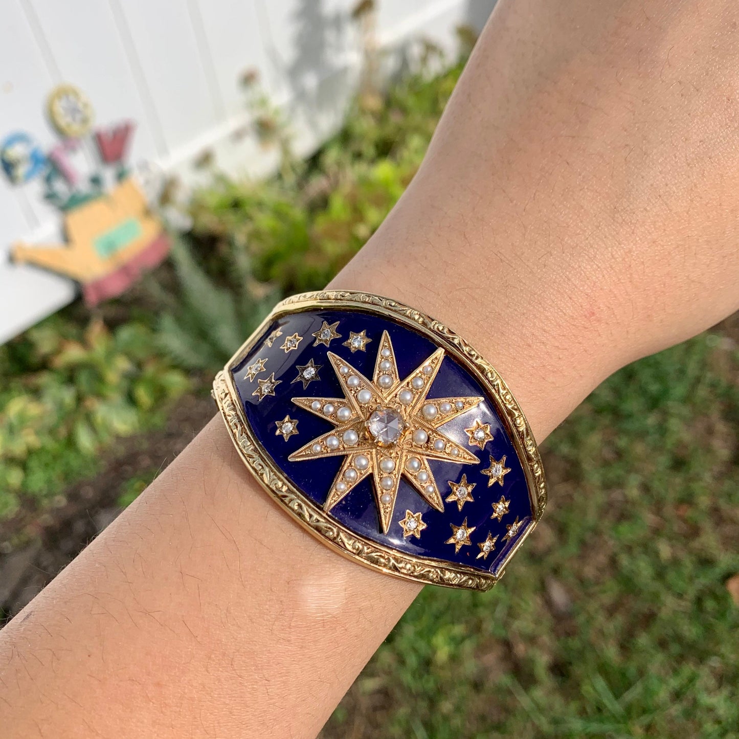 Victorian 14K Gold Blue Enamel Natural Pearl and Diamond Star Burst Bangle