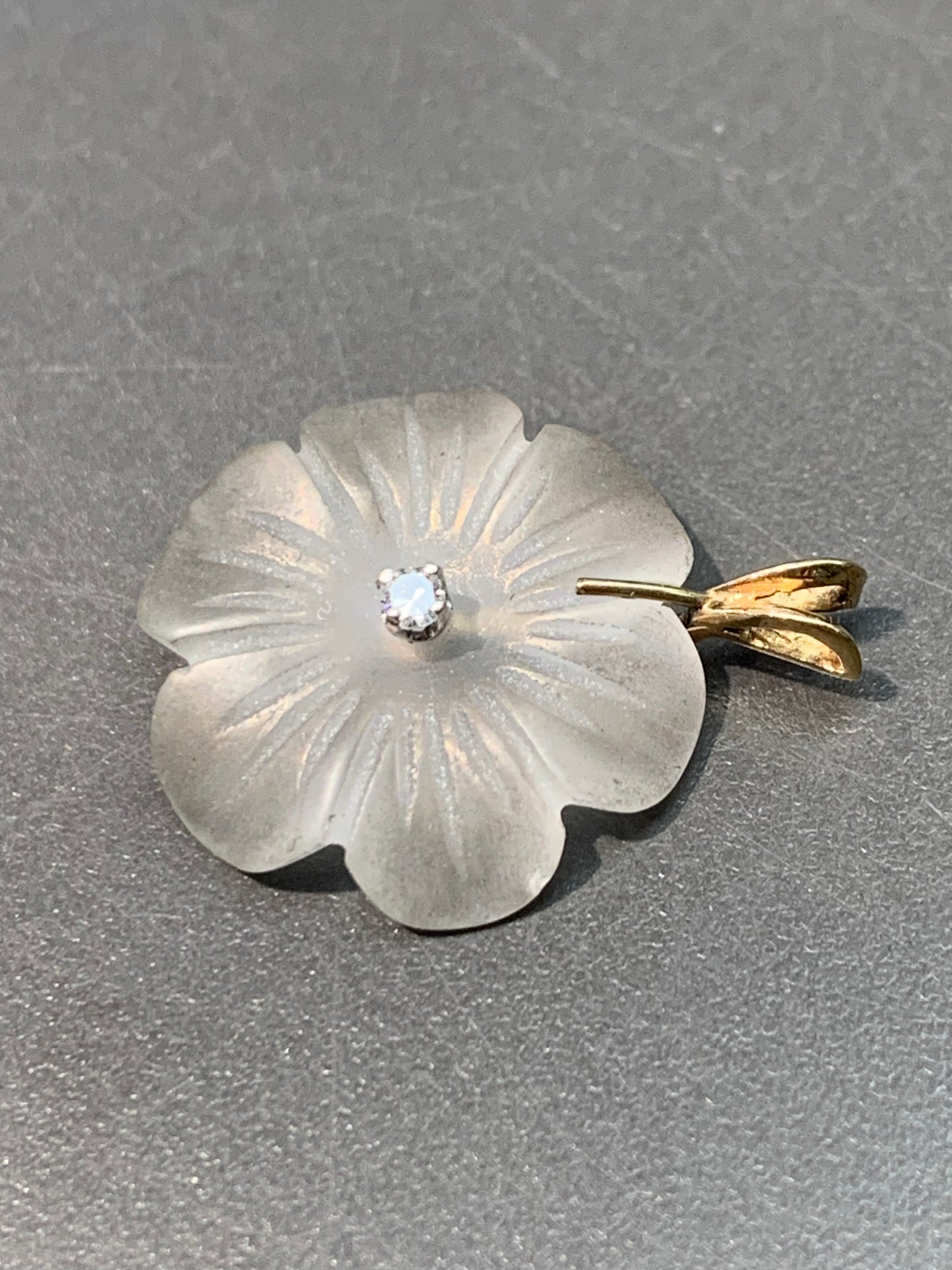 14K Gold Diamond Rock Crystal Flower Pendant