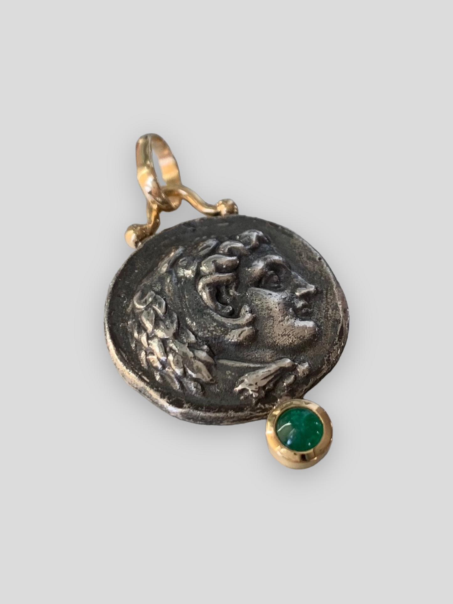 Antique 18K Roman Coin and Emerald Pendant