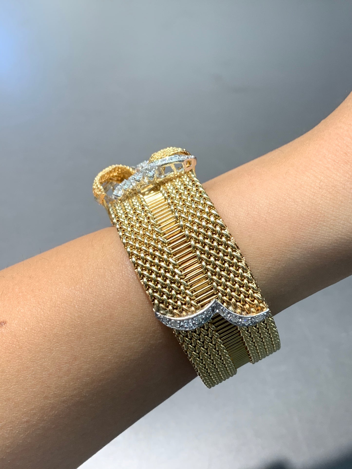 Vintage 14K Gold Mesh Woven Diamond Buckle Adjustable Bracelet