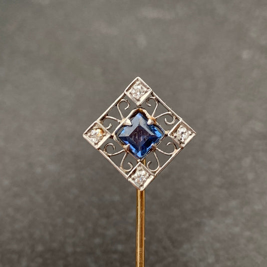 Art Deco Platinum Sapphire Diamond Square Stick Pin