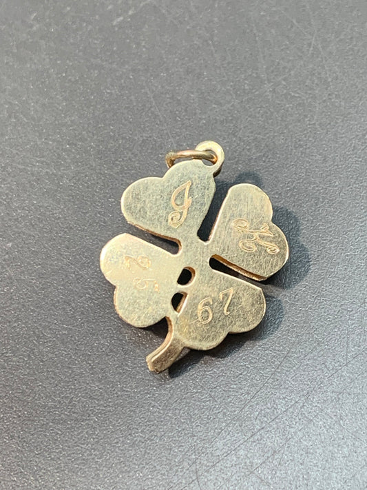 Vintage 14K Yellow Gold Paste Double Four Leaf Clover Charm