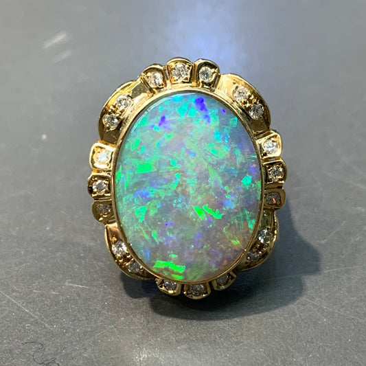 Vintage 18K Yellow Gold Natural Australian Opal And Diamond Ring