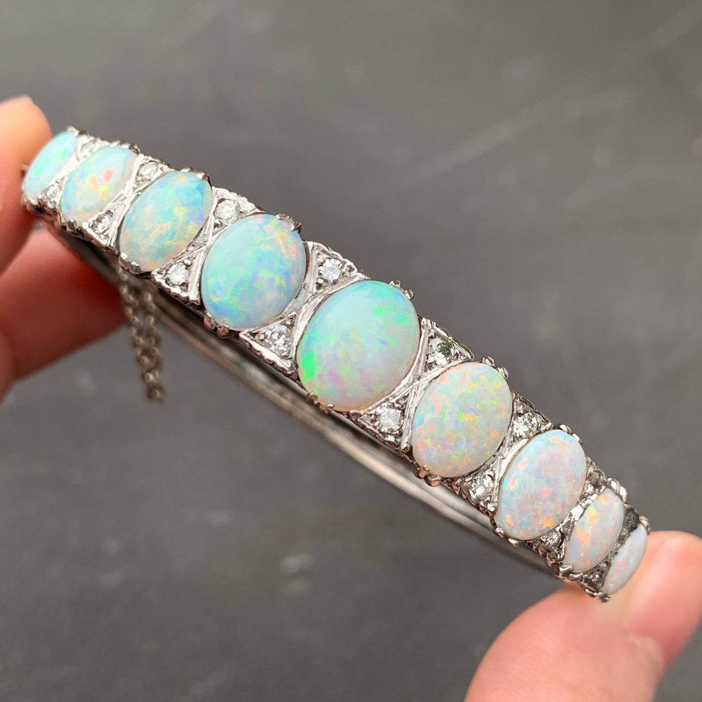 Antique Palladium White Gold Natural Opal Cabochon and Diamond Bracelet Bangle