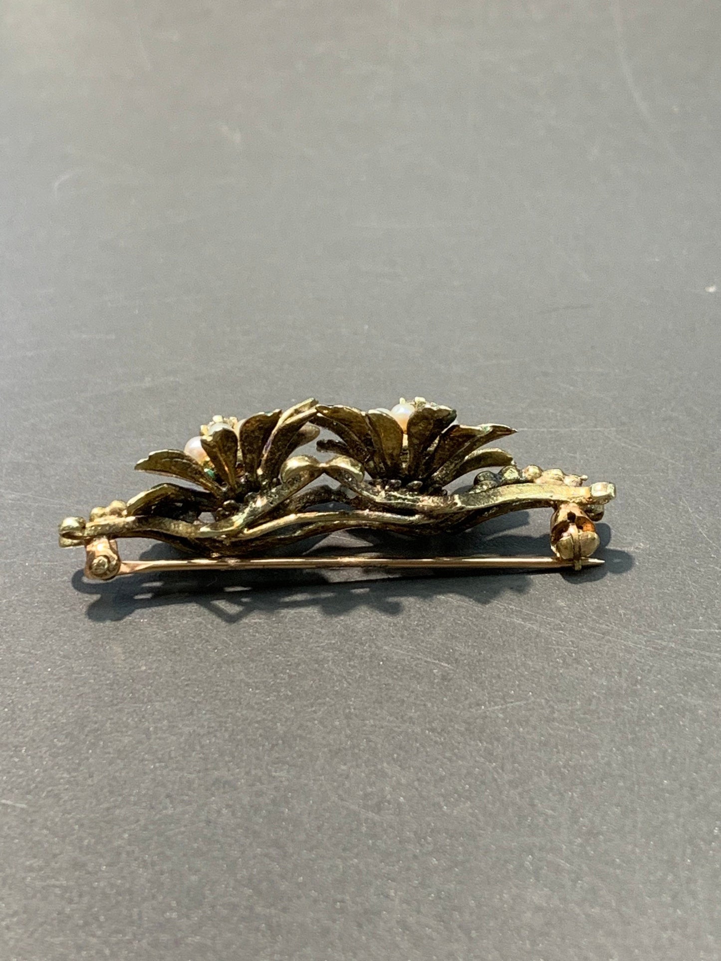 Victorian 14K Gold Seed Pearl and Diamond Double Enamel Flower Brooch