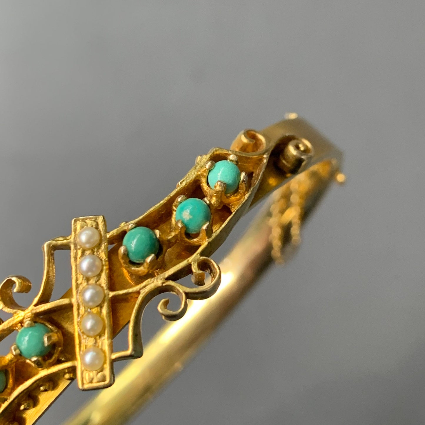 Bracelet victorien antique en or 14 carats turquoise et perles de graines