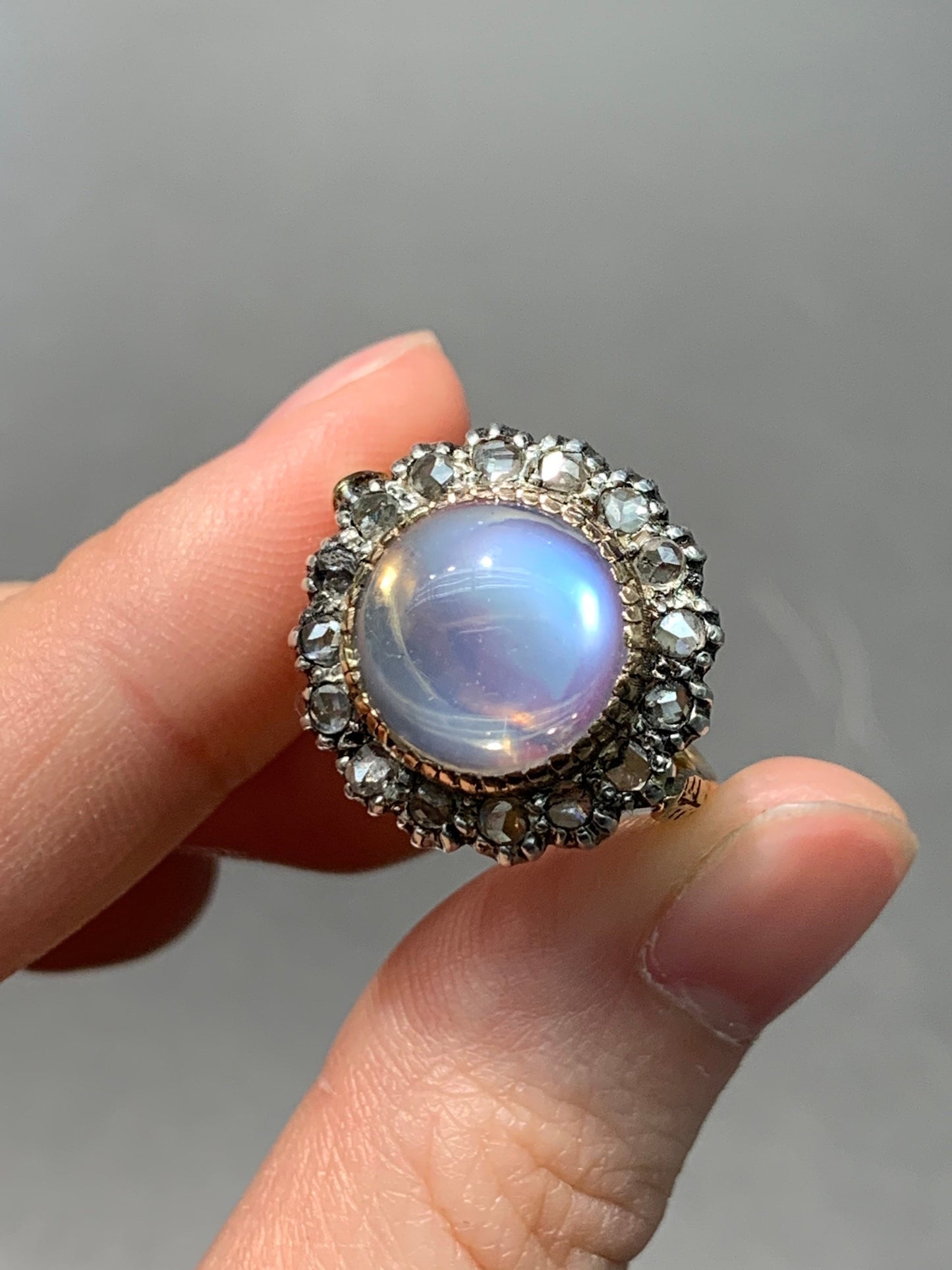 Georgian 14K Gold Topped Silver Moonstone and Rose Cut Diamond Ring