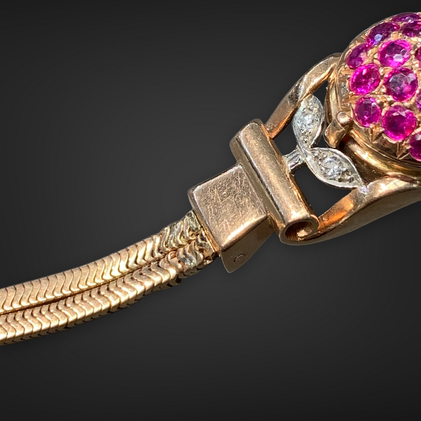 Retro 14K Gold Diamond and Ruby Snake Chain Wrist Watch