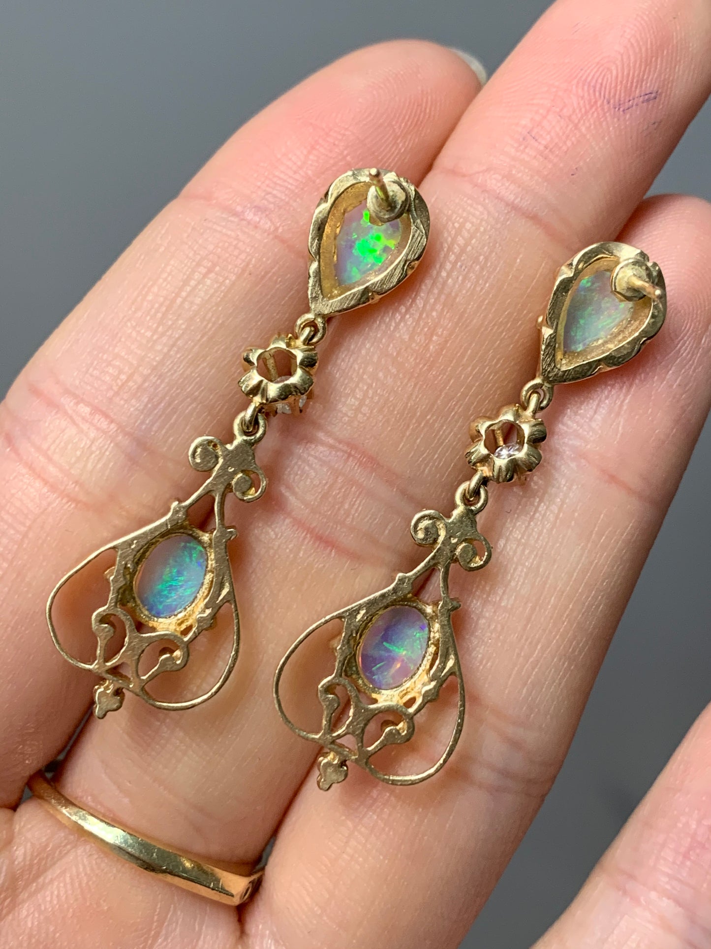 Victorian 14K Gold Opal and Diamond Drop Earring