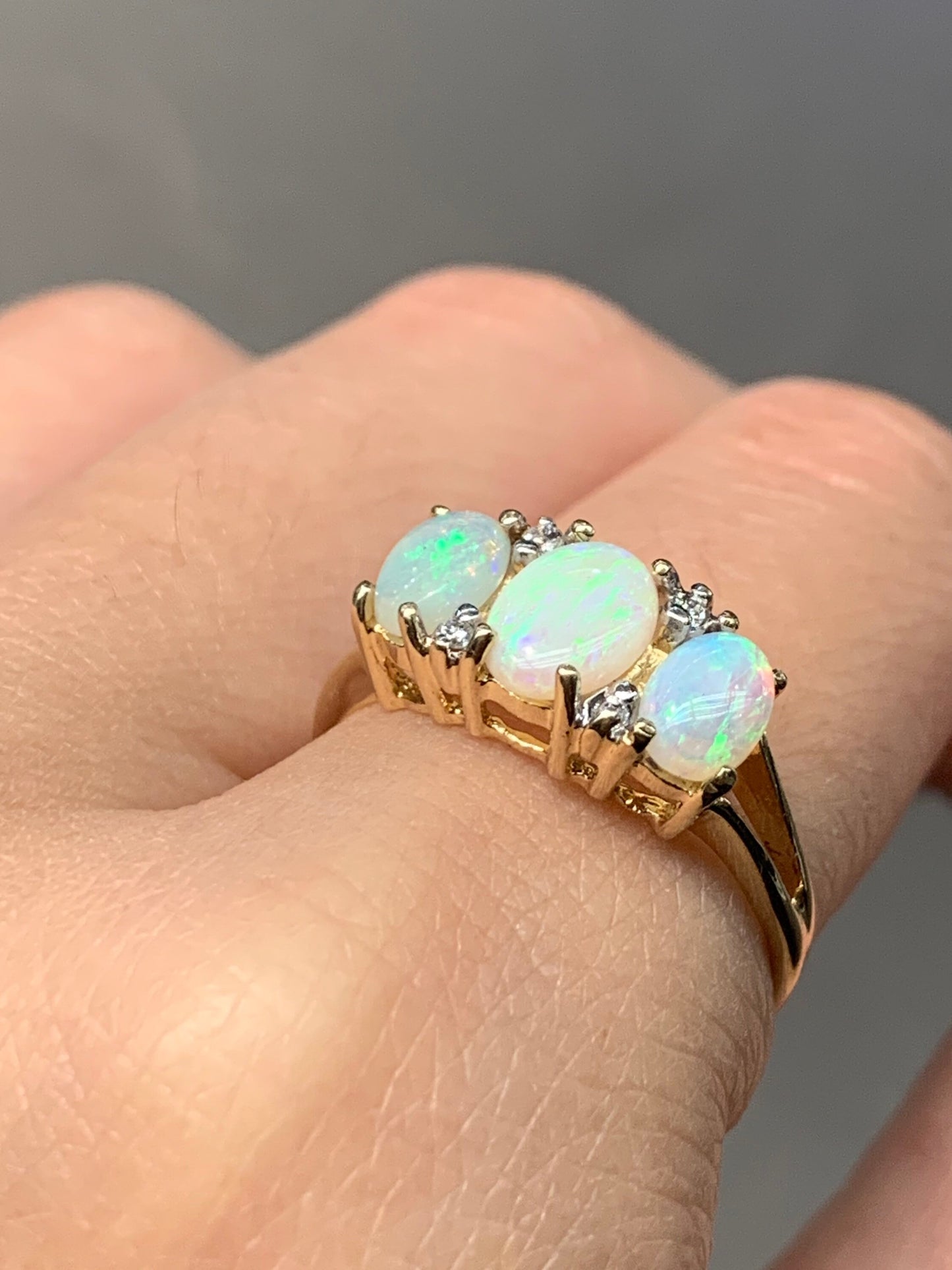 14K Gold Three Stone Opal Cabochon and Diamond Ring