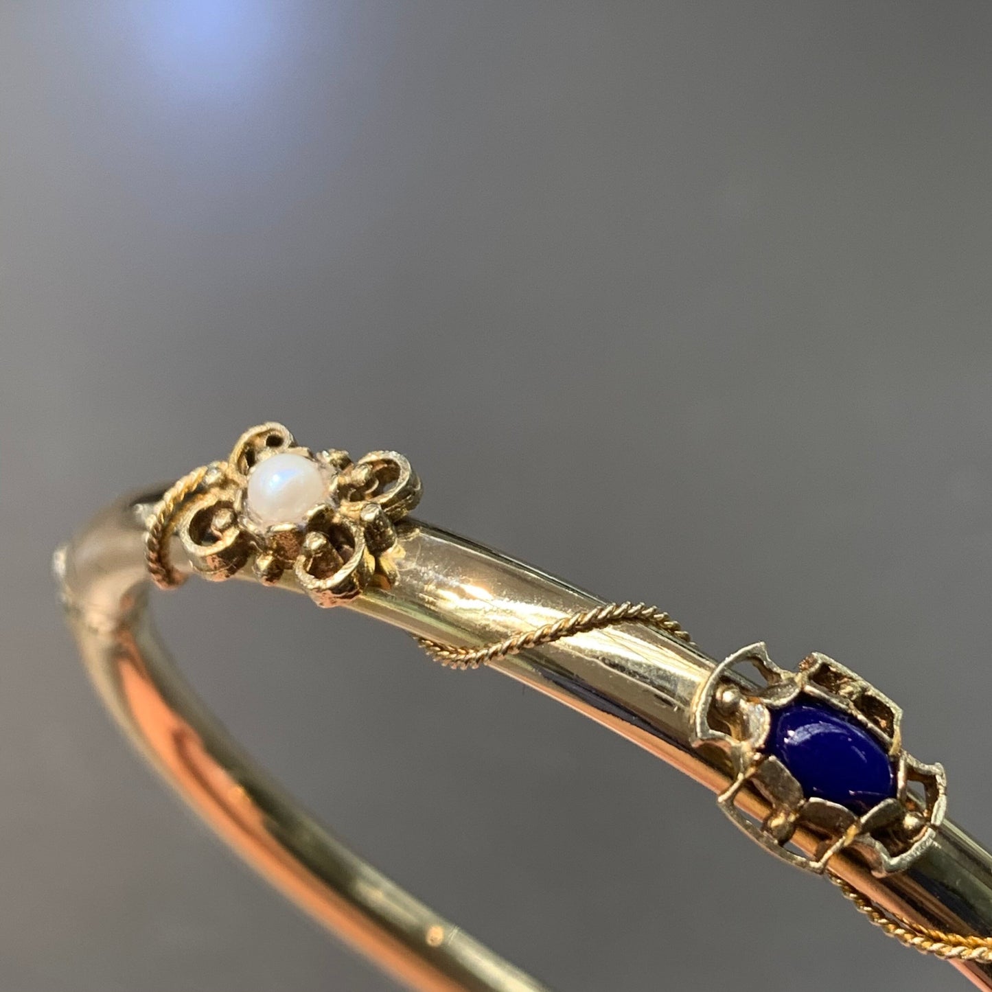 Victorian 14K Gold Lapis Lazuli and Pearl Bangle Bracelet