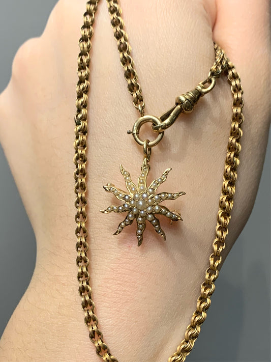 Victorian 14K Gold Seed Pearl Star Burst Pendant Brooch